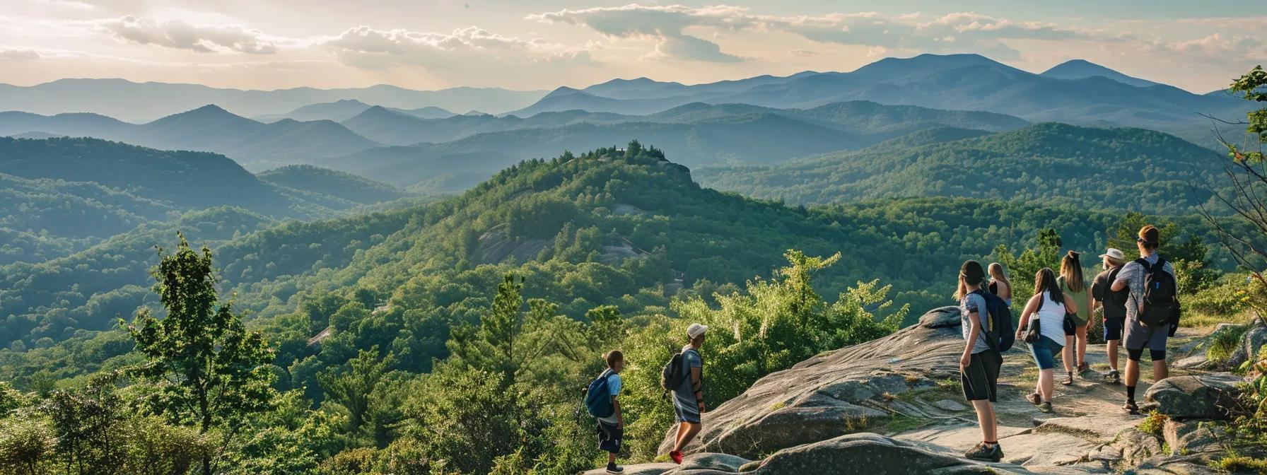 a vibrant urban landscape featuring a diverse group of hikers enthusiastically exploring the trails of the blue ridge mountains, with panoramic views of rugged peaks and a lively asheville backdrop visible in the distance. a vibrant urban landscape featuring a diverse group of hikers enthusiastically exploring the trails of the blue ridge mountains, with panoramic views of rugged peaks and a lively asheville backdrop visible in the distance.