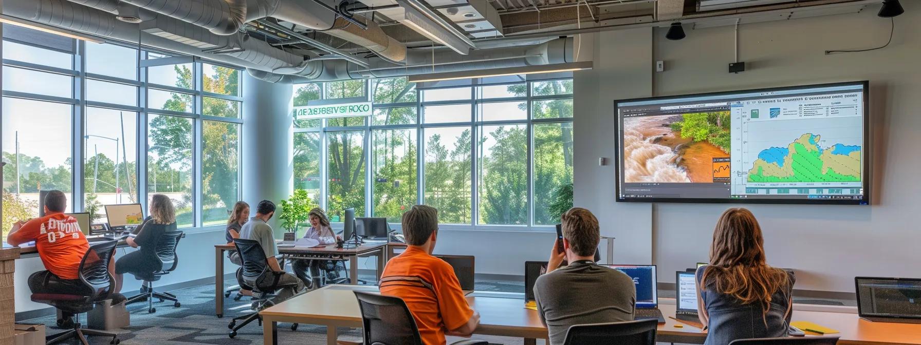 a vibrant urban office space features a monitor displaying real-time data of the ocoee river flow rate alongside rafters engaged in planning their adventurous trips, emphasizing the intersection of technology and outdoor activities for safety and preparation.