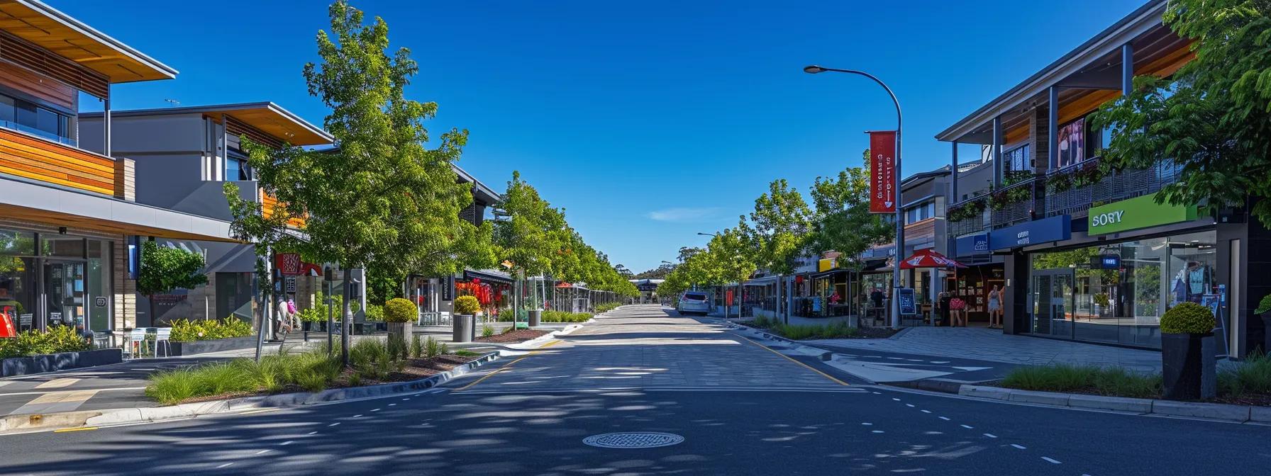 a vibrant urban street scene in perth suburbs showcases a diverse neighborhood, highlighting bustling local amenities like cafes, schools, and shops, all framed by modern architecture and clear signage, under a bright blue sky.