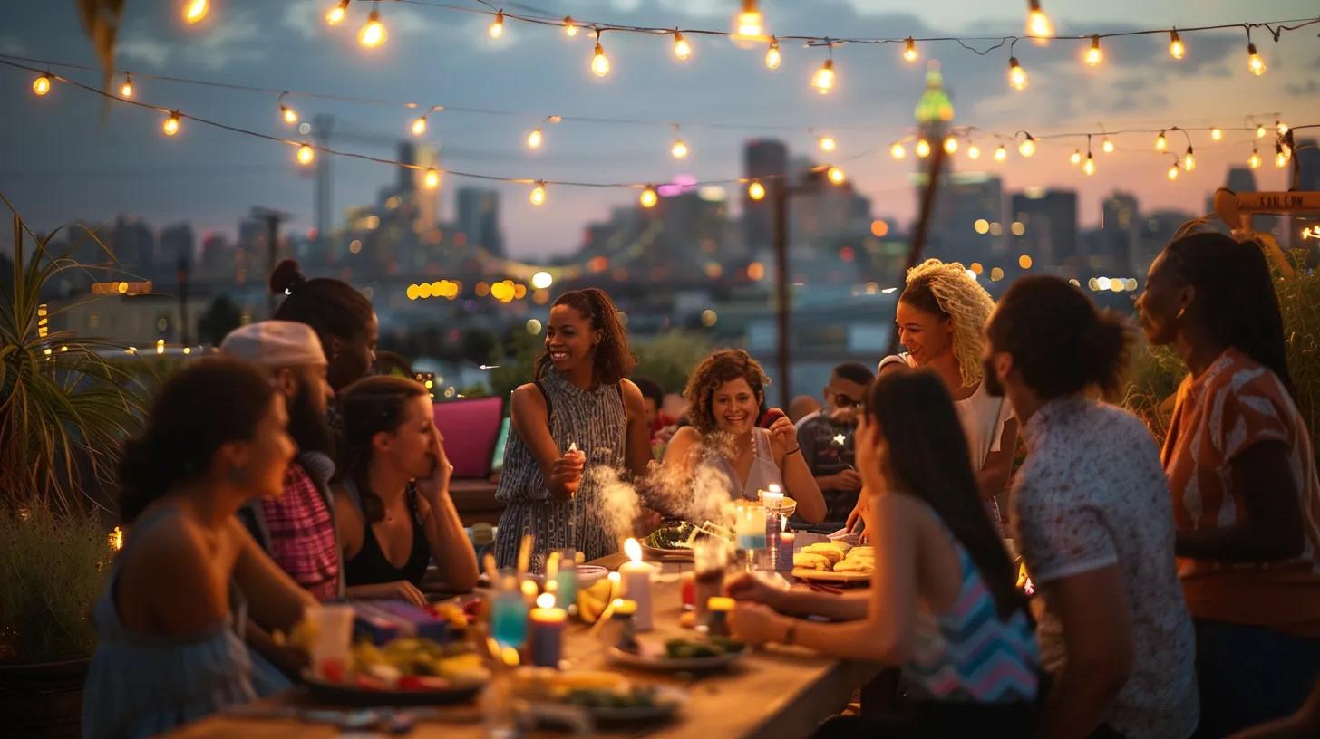 a vibrant, well-organized urban rooftop gathering radiates excitement as a diverse group of friends gathers around a neatly arranged table, enjoying a festive 4th of july celebration complete with colorful decorations, smoke-free sparkler alternatives, and safety gear, all under the glow of city lights in a nighttime setting.