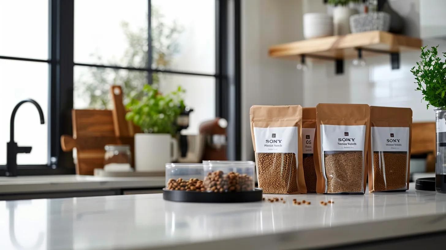 a visually appealing close-up of a modern kitchen countertop displaying premium bags of senior dog food, featuring clear labels highlighting key ingredients like lean meats and vitamins, surrounded by minimalistic cooking utensils, emphasizing quality and nutritional value for aging dogs. a visually appealing close-up of a modern kitchen countertop displaying premium bags of senior dog food, featuring clear labels highlighting key ingredients like lean meats and vitamins, surrounded by minimalistic cooking utensils, emphasizing quality and nutritional value for aging dogs.