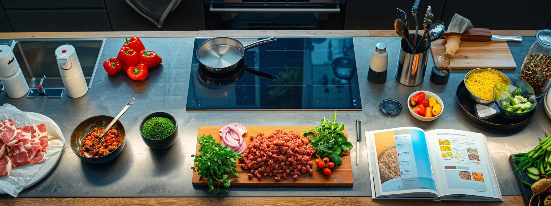 a visually striking culinary workspace showcases a vibrant arrangement of colorful ground beef dishes on a sleek modern countertop, with open recipe books and digital devices displaying online cooking platforms, emphasizing the discovery and preparation of diverse recipes. a visually striking culinary workspace showcases a vibrant arrangement of colorful ground beef dishes on a sleek modern countertop, with open recipe books and digital devices displaying online cooking platforms, emphasizing the discovery and preparation of diverse recipes.