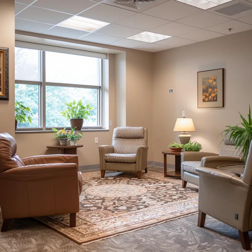 a warm and inviting therapy room filled with comfortable furniture and specialized memory aids, showcasing a tranquil environment designed for alzheimer’s care in a modern facility in west virginia.