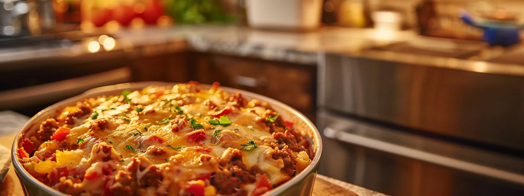 a warm, inviting kitchen countertop beautifully displays a bubbling ground beef casserole, garnished with melted cheese and vibrant vegetables, illuminated by soft, cozy lighting that highlights the comforting essence of family meals. a warm, inviting kitchen countertop beautifully displays a bubbling ground beef casserole, garnished with melted cheese and vibrant vegetables, illuminated by soft, cozy lighting that highlights the comforting essence of family meals.