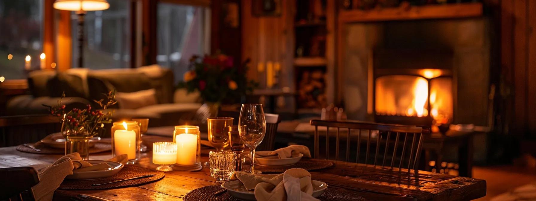 a warmly lit, inviting lodge interior showcases a beautifully set dining table adorned with elegant tableware and flickering candles, while a cozy seating area nearby features plush chairs and a softly glowing fireplace, hinting at a romantic retreat atmosphere.
