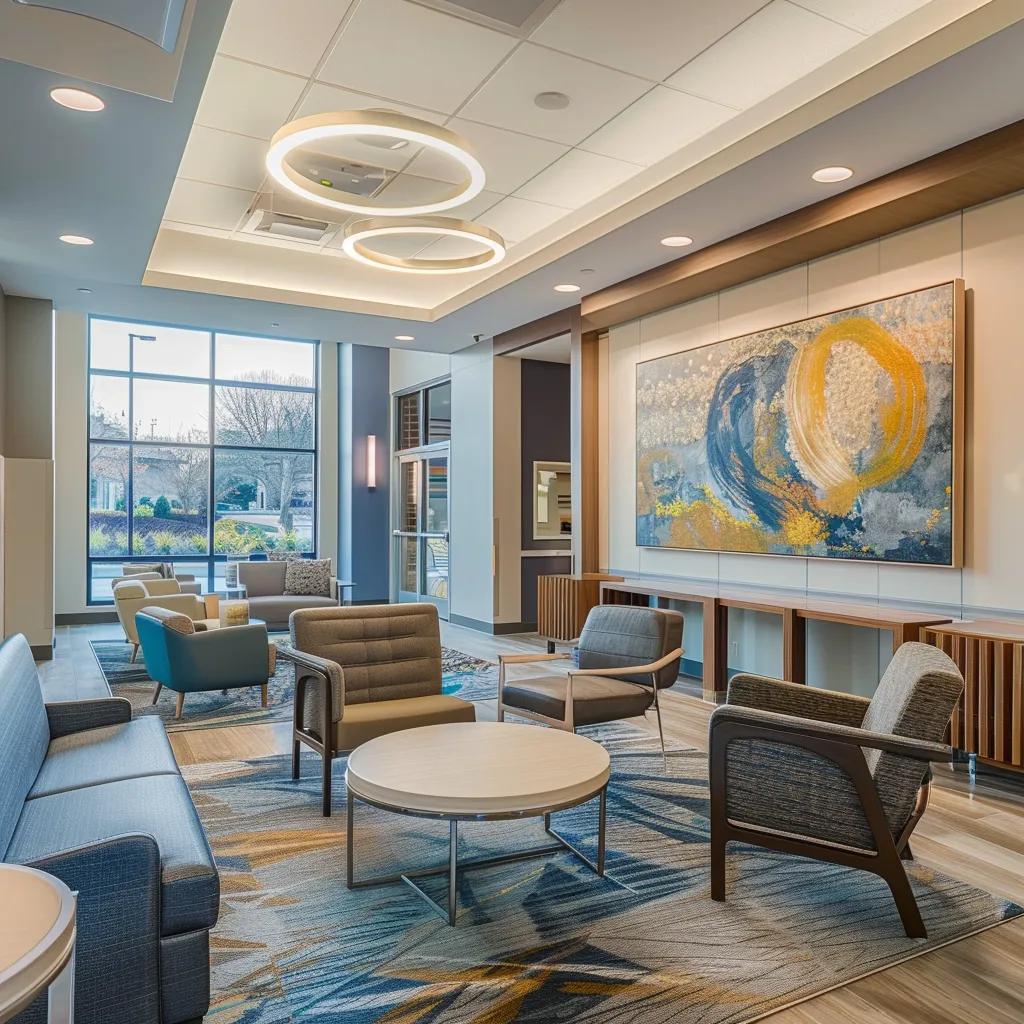 a well-appointed, modern senior memory care facility showcases warm, inviting common areas with comfortable seating, gentle lighting, and artful decor, creating an atmosphere of safety and community for residents. a well-appointed, modern senior memory care facility showcases warm, inviting common areas with comfortable seating, gentle lighting, and artful decor, creating an atmosphere of safety and community for residents.