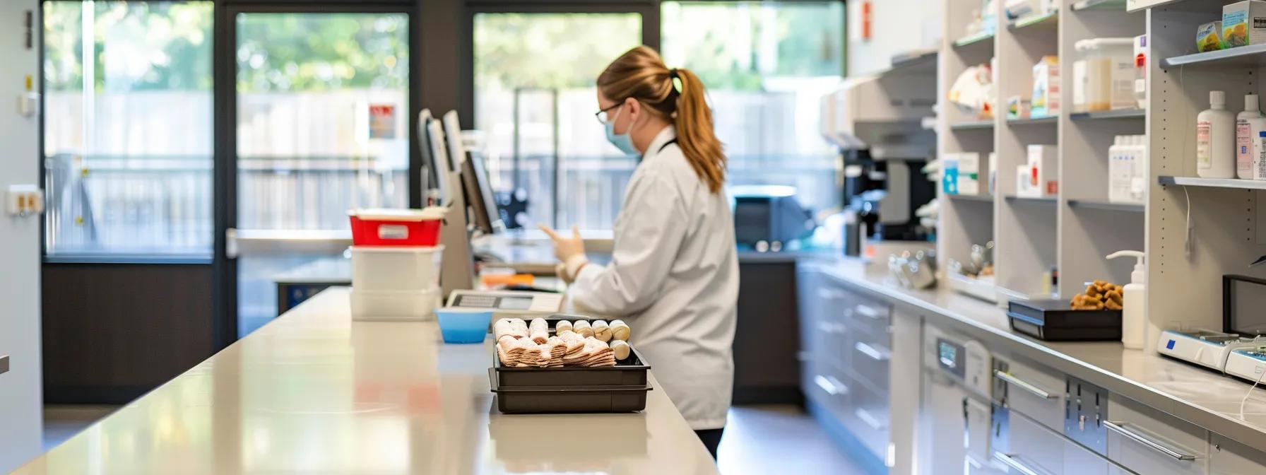 a well-organized veterinary clinic office showcases neatly arranged vet-approved dental chews on a polished countertop, with an attentive veterinarian discussing options with a pet owner in a modern, sterile environment. a well-organized veterinary clinic office showcases neatly arranged vet-approved dental chews on a polished countertop, with an attentive veterinarian discussing options with a pet owner in a modern, sterile environment.