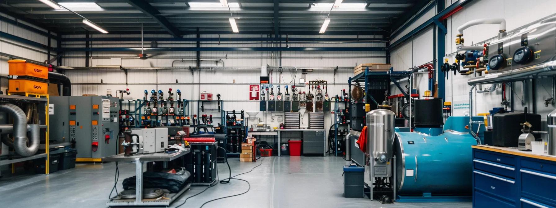 a well-organised, modern boiler servicing workshop is bustling with technicians efficiently tuning boilers, showcasing a vibrant display of tools and equipment, emphasising the importance of summer servicing for cost savings and prevention of winter emergencies.
