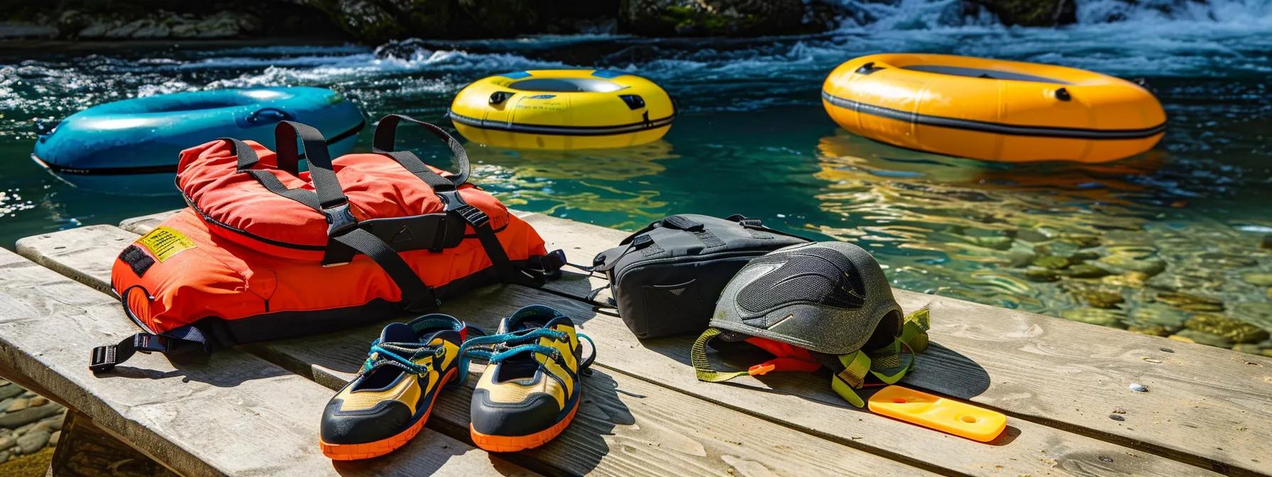 a well-organized river tubing safety preparation scene features essential gear like a fitted life vest, a sturdy helmet, and non-slip water shoes arranged neatly on an outdoor picnic table, with a vibrant backdrop of floating tubes and clear blue water, emphasizing readiness and excitement for tubing adventures.