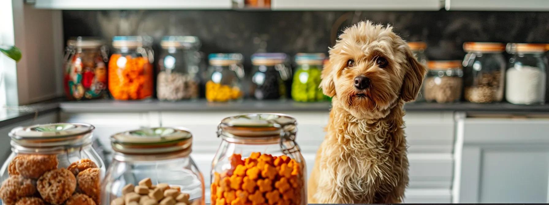 a well-organized kitchen counter displays an array of colorful, natural hypoallergenic dog treats, with an open ingredient list prominently featured alongside a curious dog sniffing eagerly, emphasizing the importance of transparency and health in pet nutrition.
