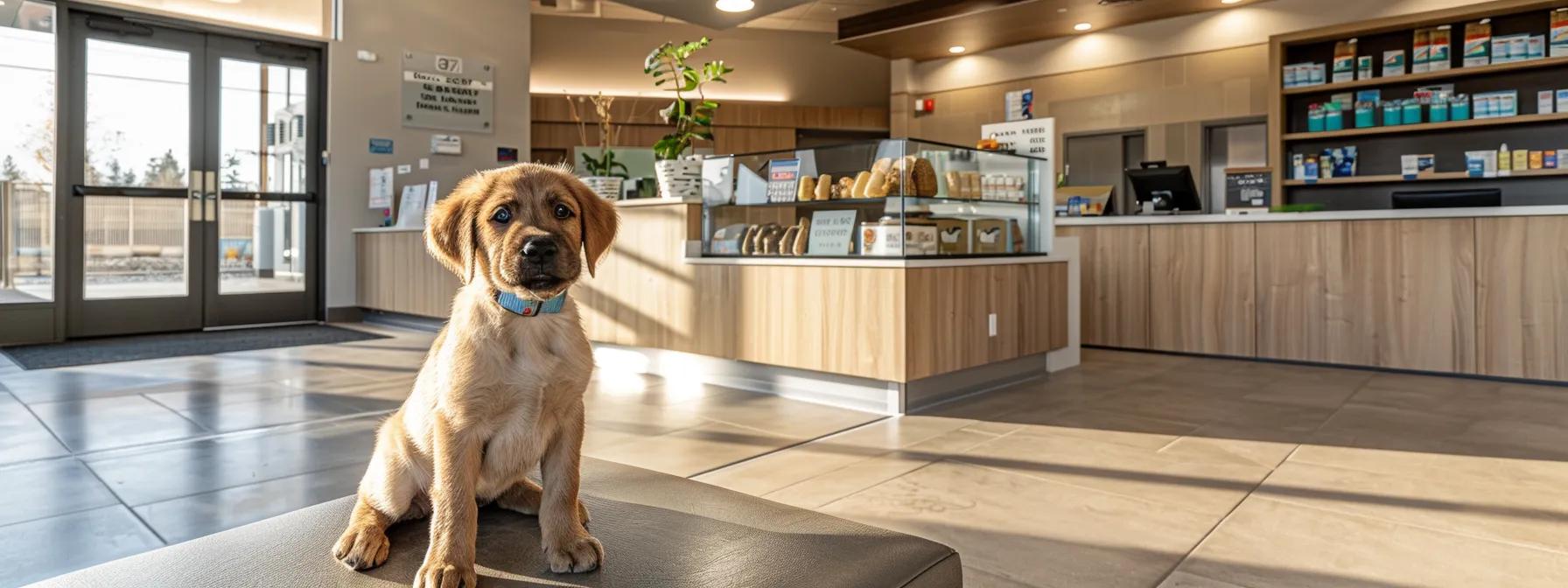 a well-lit, modern veterinary clinic showcases a focused puppy curiously inspecting a high-quality rawhide chew, emphasizing the importance of safe chewing behaviors in young canines.