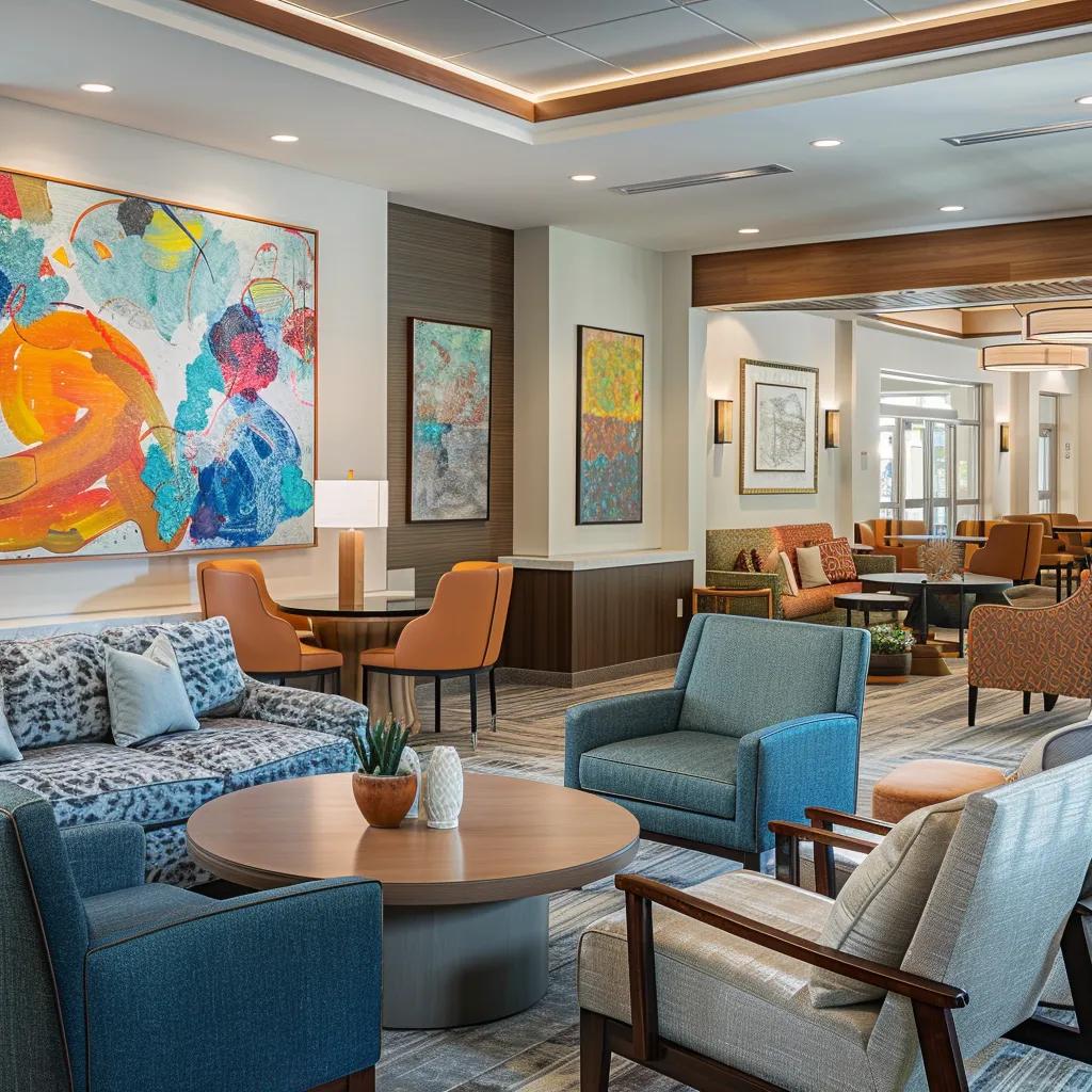 a well-appointed, modern independent senior living community lounge features cozy seating, vibrant artwork, and friendly residents engaged in conversation, highlighting the warmth and connection of ideal housing choices.