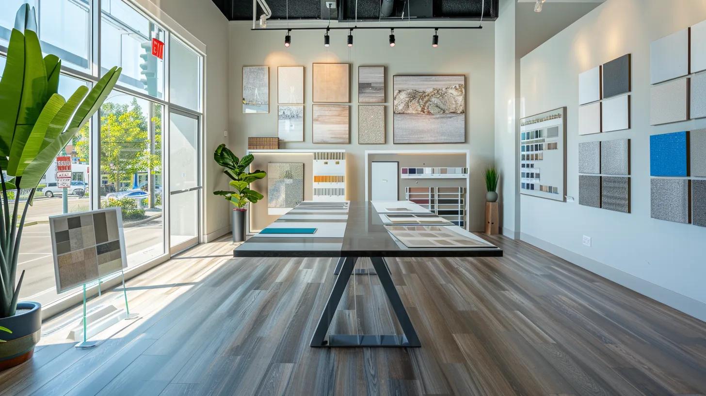 an elegant consultant's office featuring a sleek, modern tabletop display showcasing an array of premium materials, with a confident consultant attentively guiding a couple through their vibrant options for their dream home.