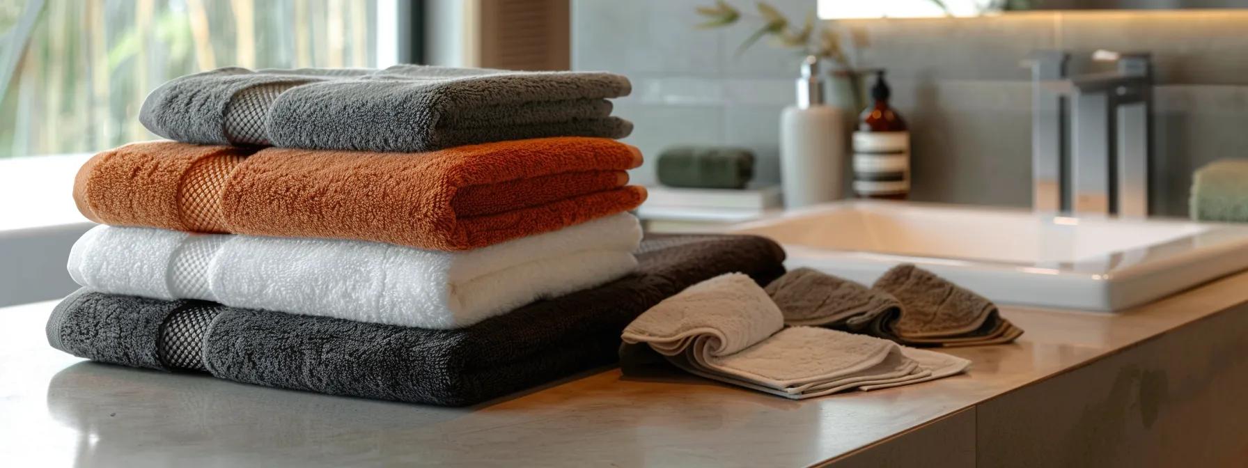 an elegantly arranged display of luxurious hotel collection towels showcases various textures and colours against a sleek, modern bathroom backdrop, emphasising quality and style choice for discerning buyers.