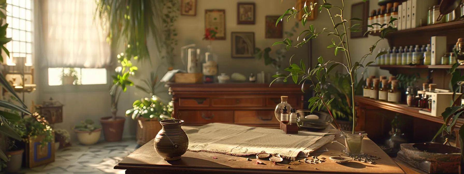 an elegantly arranged indoor wellness studio features traditional ayurvedic texts and healing herbs artfully displayed alongside modern medical equipment, highlighting the fusion of ancient wisdom and contemporary health practices. an elegantly arranged indoor wellness studio features traditional ayurvedic texts and healing herbs artfully displayed alongside modern medical equipment, highlighting the fusion of ancient wisdom and contemporary health practices.