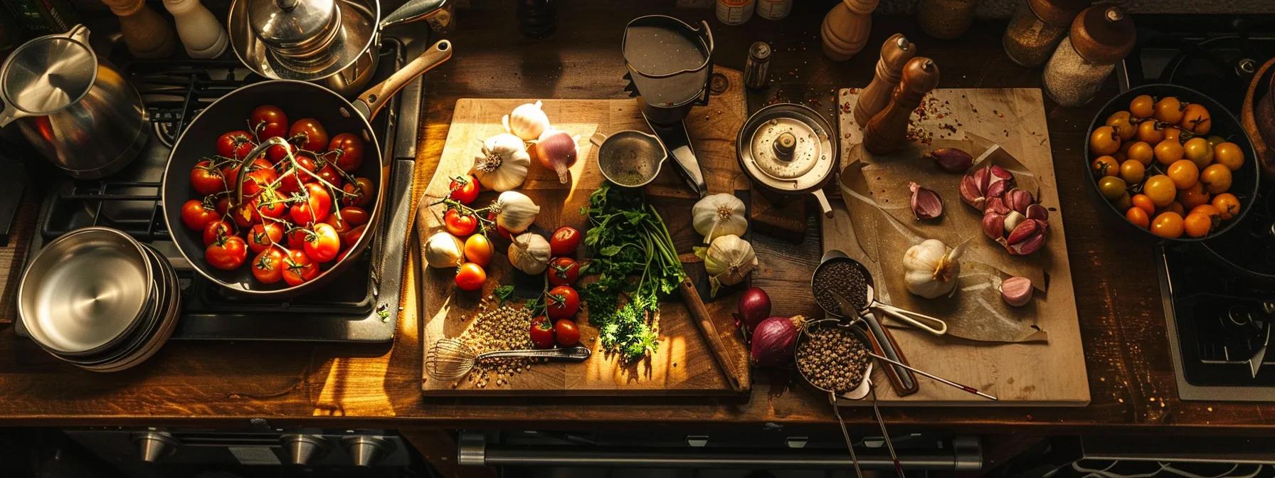 an elegantly arranged kitchen workspace showcases essential ingredients like vibrant onions, garlic, and colorful tomatoes alongside essential cooking tools such as a skillet, mixing bowls, and a slow cooker, all under warm, inviting overhead lighting. an elegantly arranged kitchen workspace showcases essential ingredients like vibrant onions, garlic, and colorful tomatoes alongside essential cooking tools such as a skillet, mixing bowls, and a slow cooker, all under warm, inviting overhead lighting.