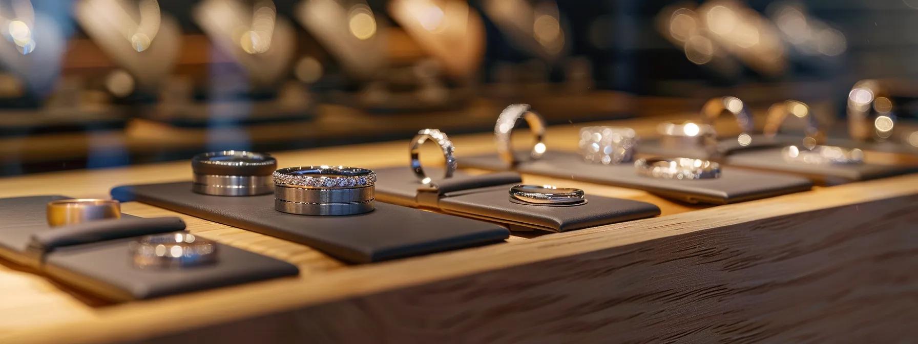 an elegantly designed collection of high-standard yet budget-friendly rings, displayed prominently on a minimalist, polished wooden counter in a chic urban boutique, showcasing their intricate details and fashionable appeal under soft, focused lighting.