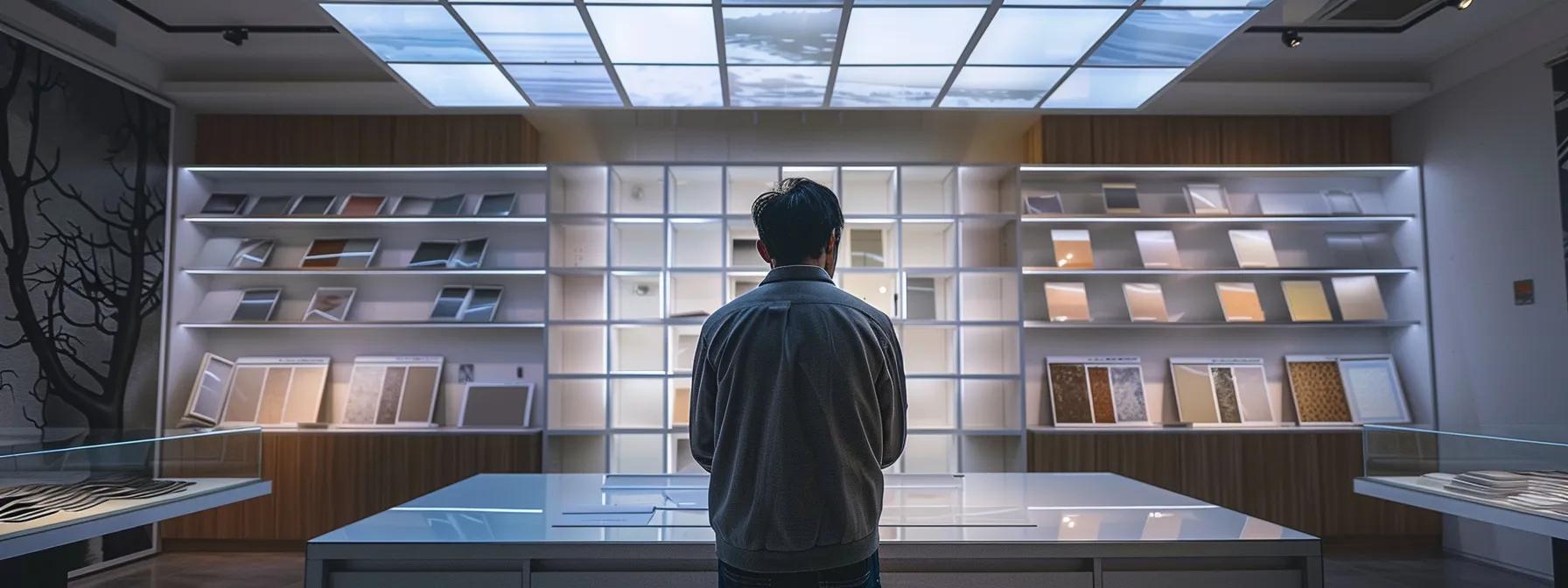 an engaged homeowner examines various roofing samples in a modern design showroom, illuminated by bright, focused overhead lights that enhance the textures and colors, reflecting the importance of thoughtful decision-making in selecting the ideal roofing material.