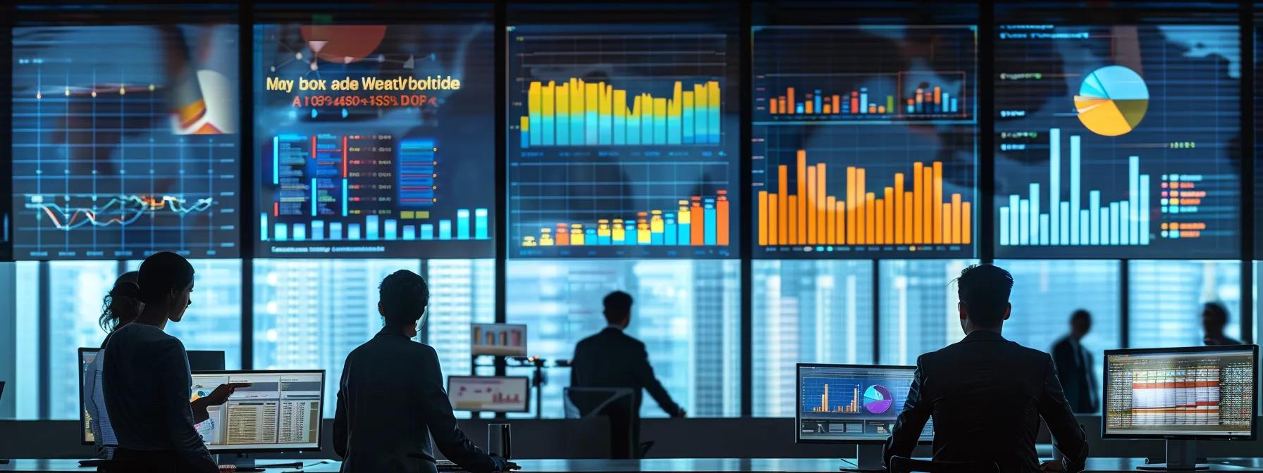 an engaging urban office environment with professionals analyzing data on large digital screens, showcasing vibrant charts and graphs that represent ai-driven analytics for local market insights.