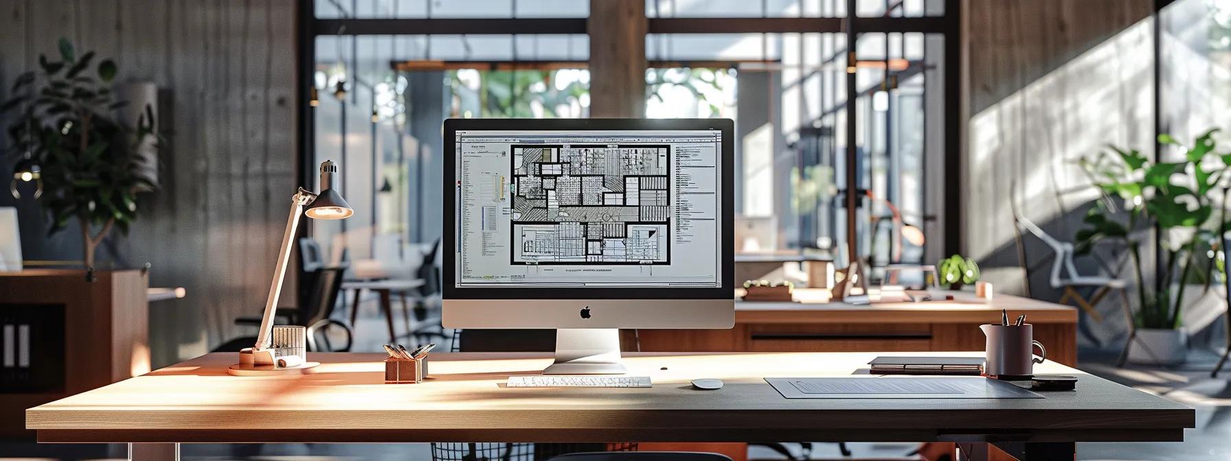 an immersive office workspace features a sleek computer screen displaying a vibrant revit project interface, surrounded by architectural blueprints and tools, under soft, focused overhead lighting that highlights the creative design process.