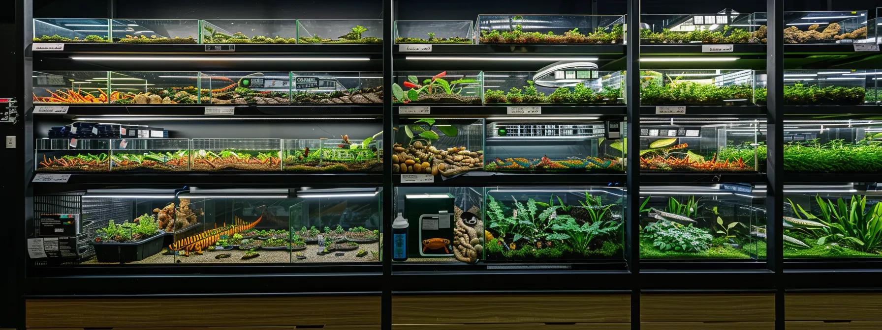 an informative indoor setting featuring a diverse array of uvb reptile lamps displayed on sleek shelves, with detailed labels highlighting their specifications and suitability for various reptile species. an informative indoor setting featuring a diverse array of uvb reptile lamps displayed on sleek shelves, with detailed labels highlighting their specifications and suitability for various reptile species.