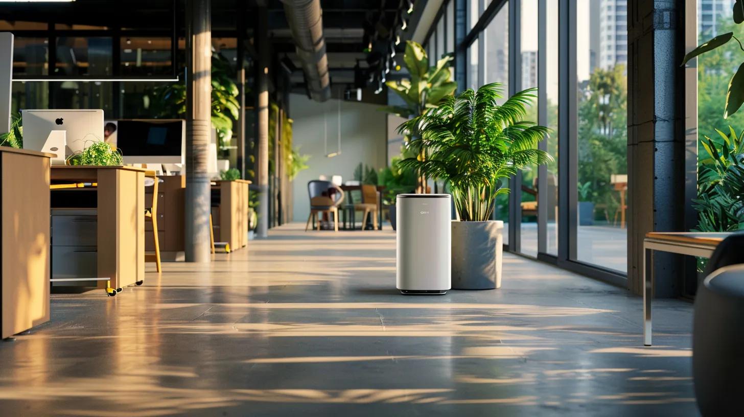 an orderly, modern office environment showcases a professional using advanced cleaning equipment and air purifiers, symbolizing the commitment to maintaining an allergen-free space during the summer season.