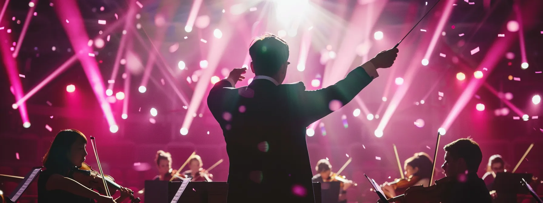 capturing a conductor leading a vibrant orchestra performance, with dazzling promotional materials displayed in the background. capturing a conductor leading a vibrant orchestra performance, with dazzling promotional materials displayed in the background.