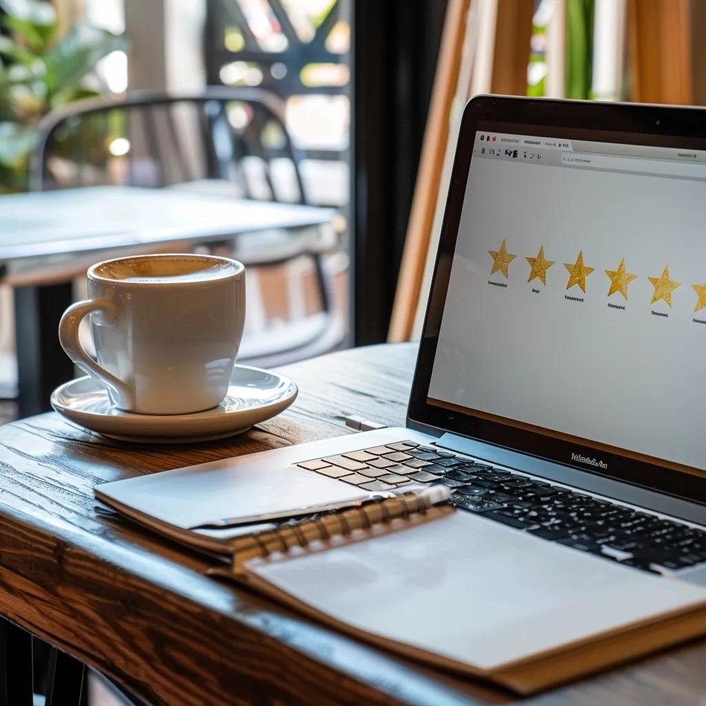 Laptop showing positive customer reviews for HVAC services, symbolizing trust and satisfaction in home comfort solutions