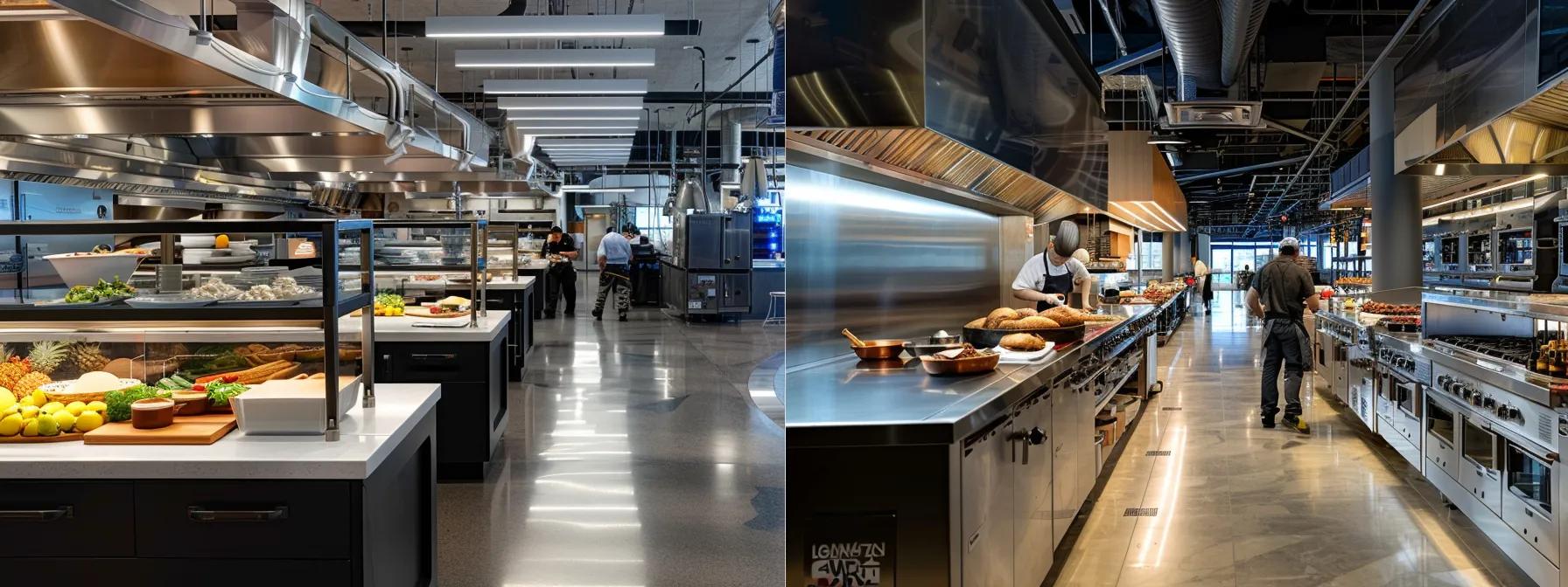 Image of a modern commercial kitchen showcasing efficient layout and equipment for rental usage.