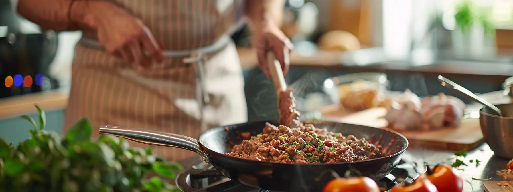 a modern kitchen countertop, vividly showcasing a skilled cook expertly sautéing ground beef in a gleaming skillet, with rich textures and vibrant ingredients artfully arranged nearby, emphasizing the craft of perfect cooking techniques. a modern kitchen countertop, vividly showcasing a skilled cook expertly sautéing ground beef in a gleaming skillet, with rich textures and vibrant ingredients artfully arranged nearby, emphasizing the craft of perfect cooking techniques.