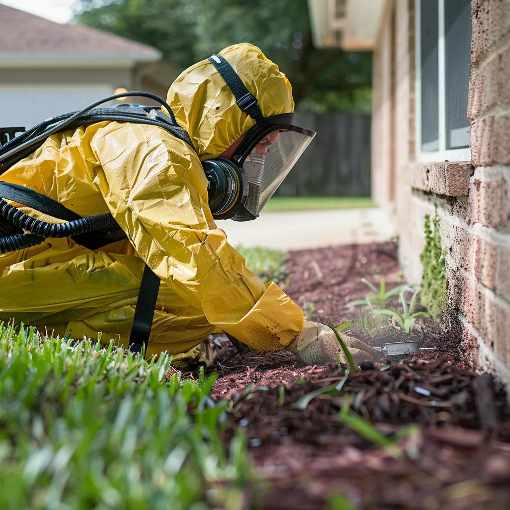 Pest control technician applying chemical barrier treatment around a home's foundation to prevent termite infestations