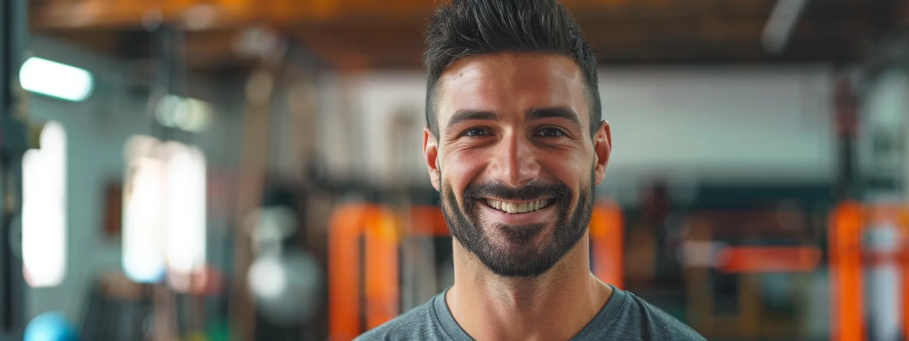 generate a photo of a smiling confident and proud gymnastics coach in a gymnastics studio