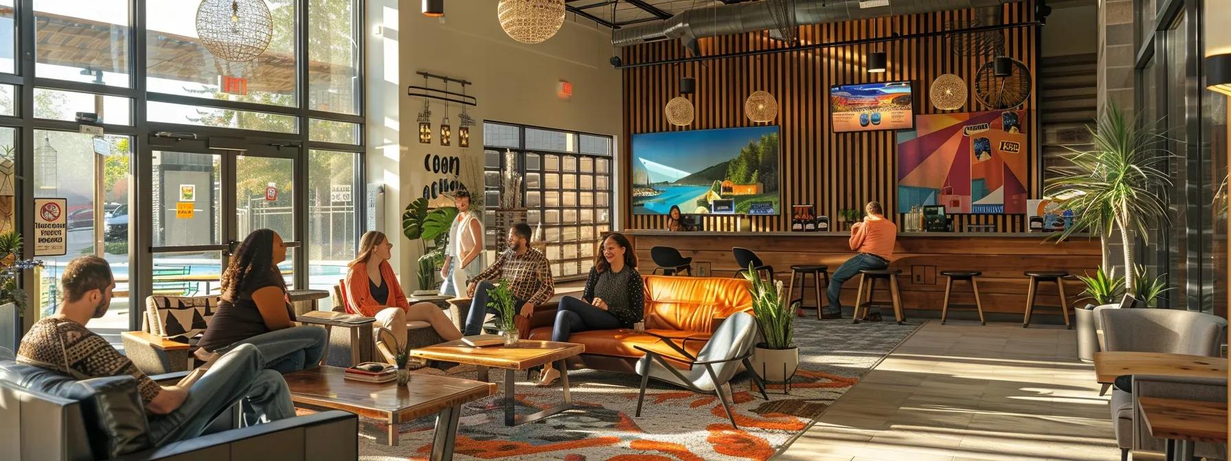 a vibrant urban vacation rental lobby filled with travelers eagerly discussing their plans for spring and fall adventures at the ocoee river, accented by stylish décor and a warm, inviting atmosphere.