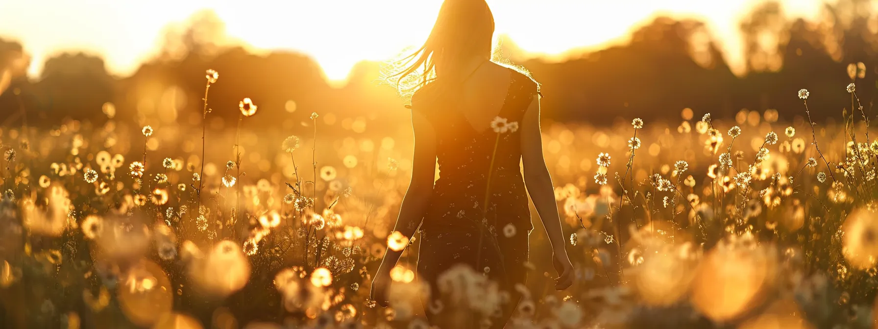 cinematic lifestyle image of a woman walking through a field of flowers