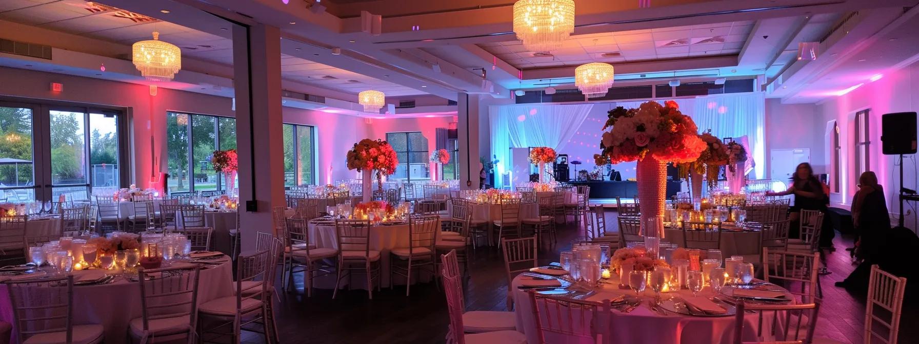 une élégante salle de banquet à laval, ornée de décorations raffinées et de tables soigneusement dressées, où des invités festifs profitent d'une célébration d'anniversaire animée sous un éclairage chaleureux et moderne.