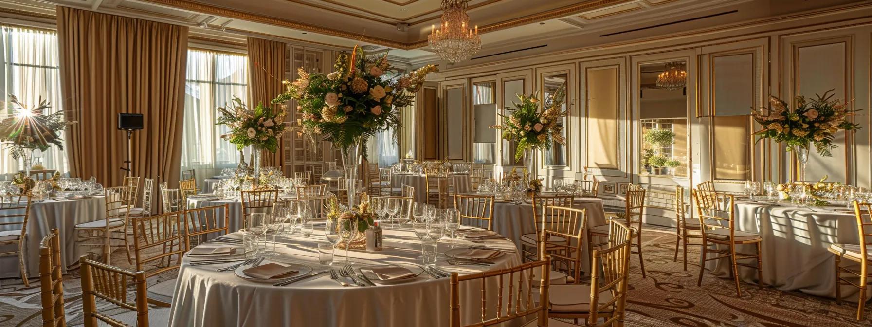 une salle élégante et soigneusement agencée à laval, baignée d'une lumière tamisée, avec des tables dressées, des décorations raffinées et un coin de planification où un organisateur discute des détails logistiques de l'événement.