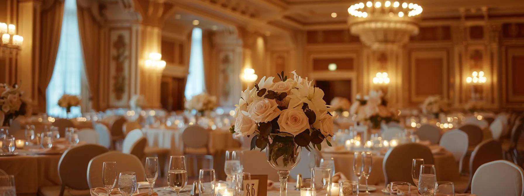 une salle de banquet élégamment décorée à laval, avec des tables élégantes dressées, des lumières tamisées créant une atmosphère chaleureuse et raffinée, prête pour une célébration mémorable.