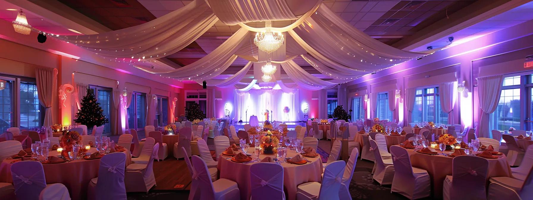 une salle de réception élégamment décorée à laval, avec des tables parfaitement dressées, offrant une ambiance festive et des options de personnalisation pour un événement mémorable.
