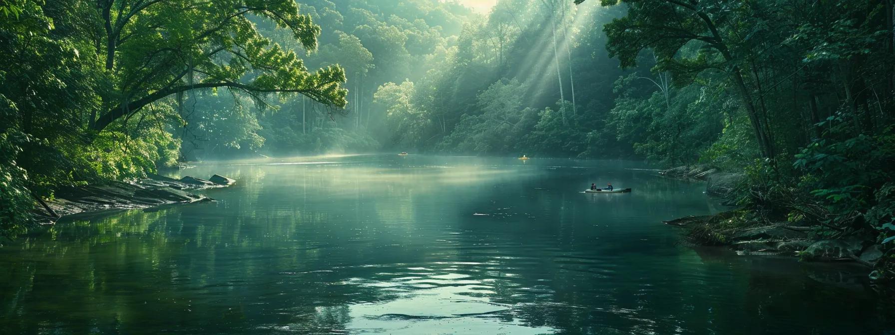 A serene view of the Ocoee River surrounded by lush greenery and wildlife, with rafters in the distance.