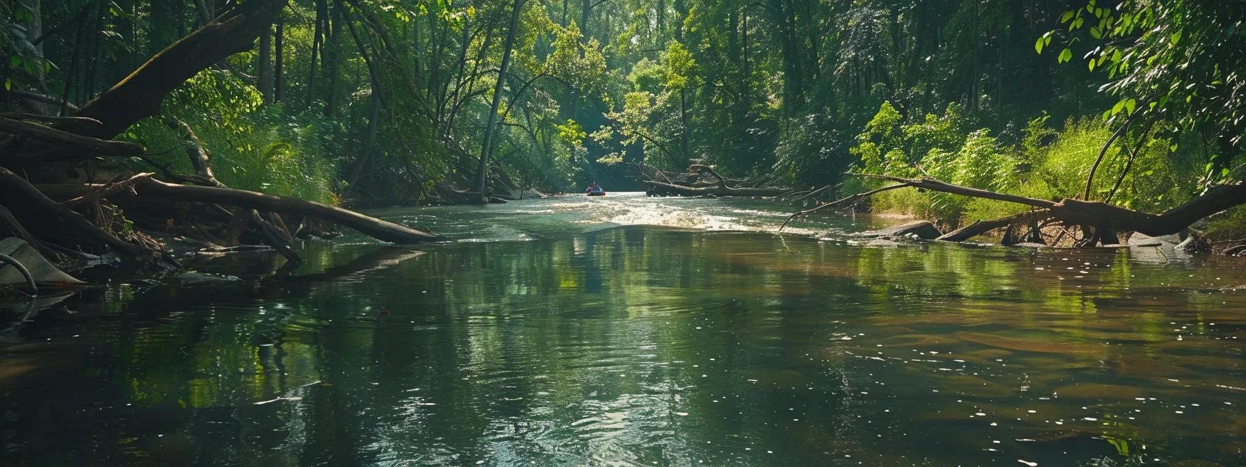 A serene view of the Ocoee River surrounded by lush greenery and wildlife, with rafters in the distance.