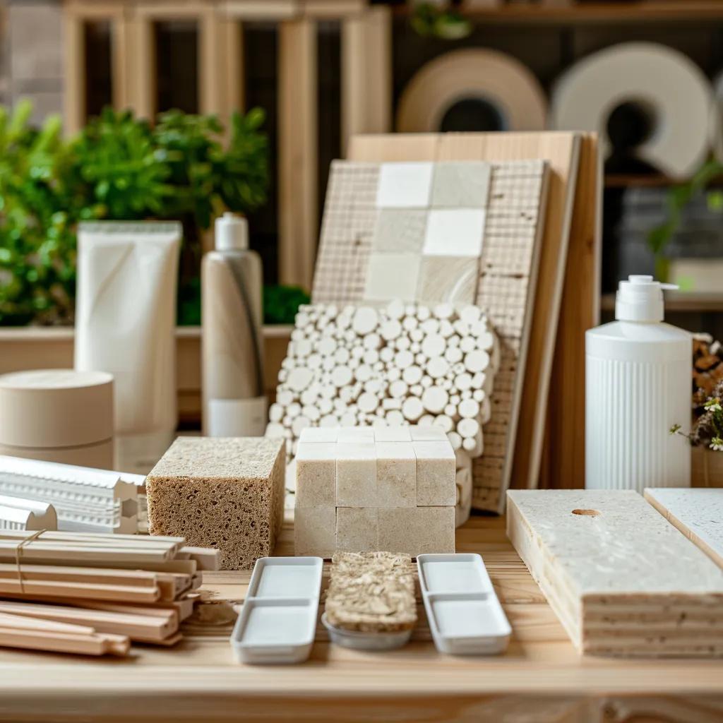 Collection of eco-friendly building materials including reclaimed wood and low-VOC paints on a wooden table Collection of eco-friendly building materials including reclaimed wood and low-VOC paints on a wooden table