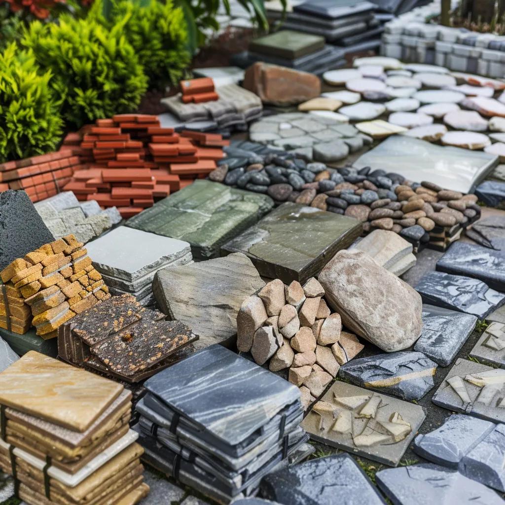 Variety of hardscaping materials including pavers and natural stone in an outdoor setting