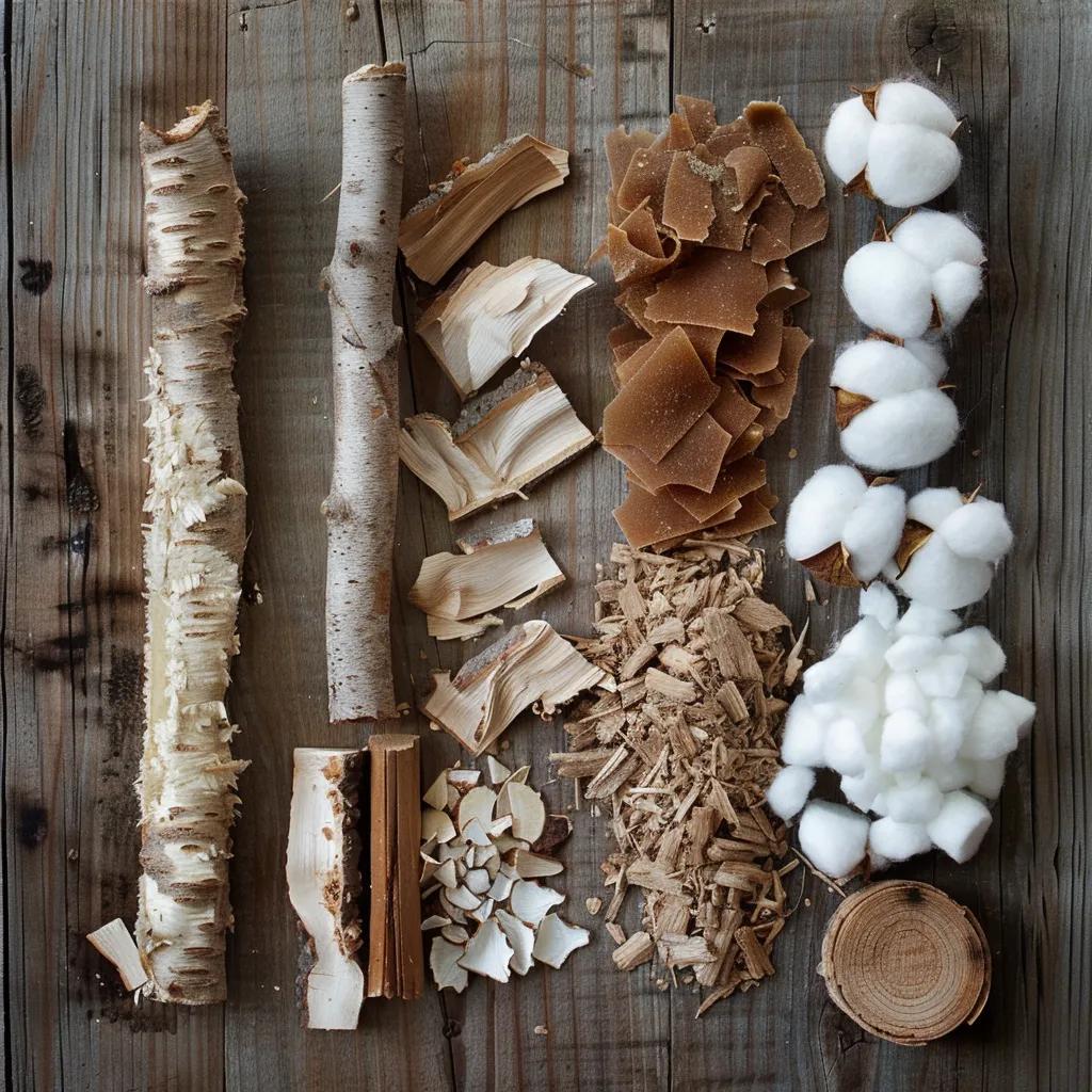 Variety of natural and man-made tinder materials for survival fire starting
