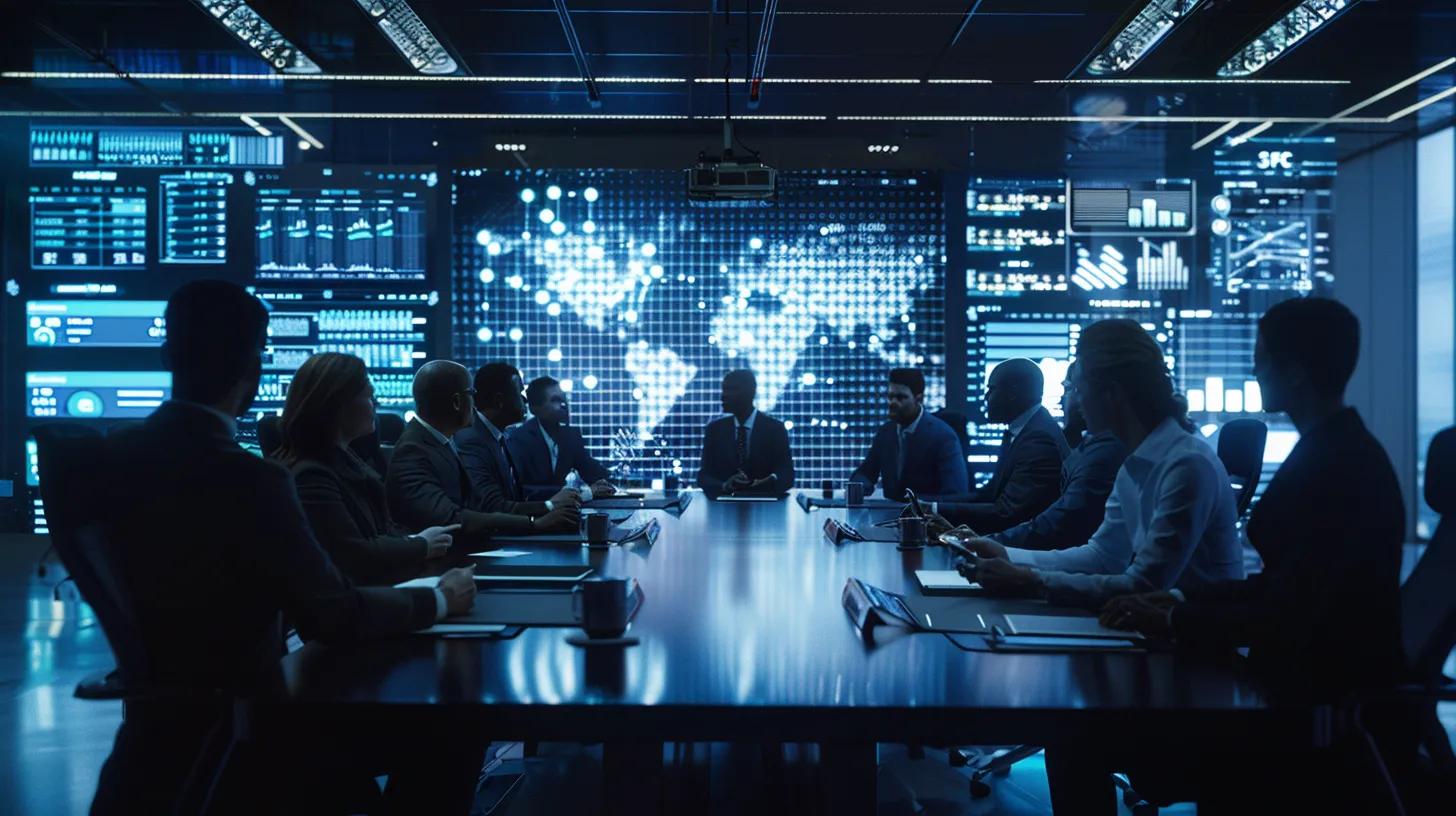 a focused interior shot of a modern office conference room, featuring a diverse group of business professionals engaging in a dynamic negotiation discussion around a sleek table, with digital screens displaying pricing strategies and 3d printing visuals in the background.