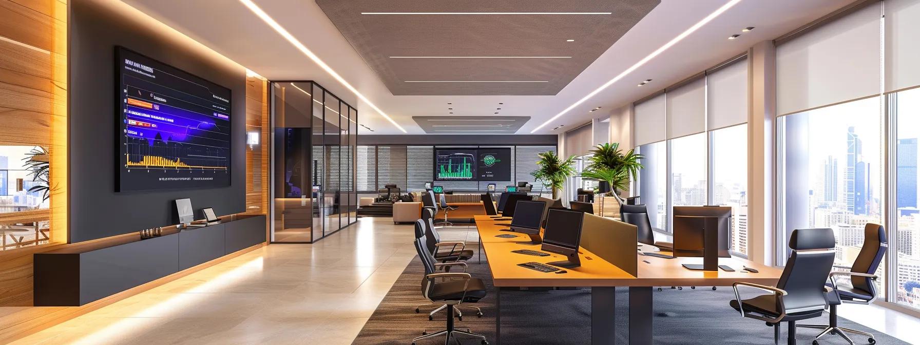a sleek, modern office workspace filled with sophisticated technology, featuring an illuminated digital dashboard displaying a vibrant sales pipeline and analytics, emphasizing a focused business environment mastering lead management with clarity and precision.