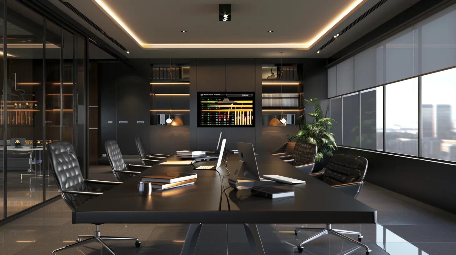 a sleek, modern office workspace filled with sophisticated technology, featuring an illuminated digital dashboard displaying a vibrant sales pipeline and analytics, emphasizing a focused business environment mastering lead management with clarity and precision.
