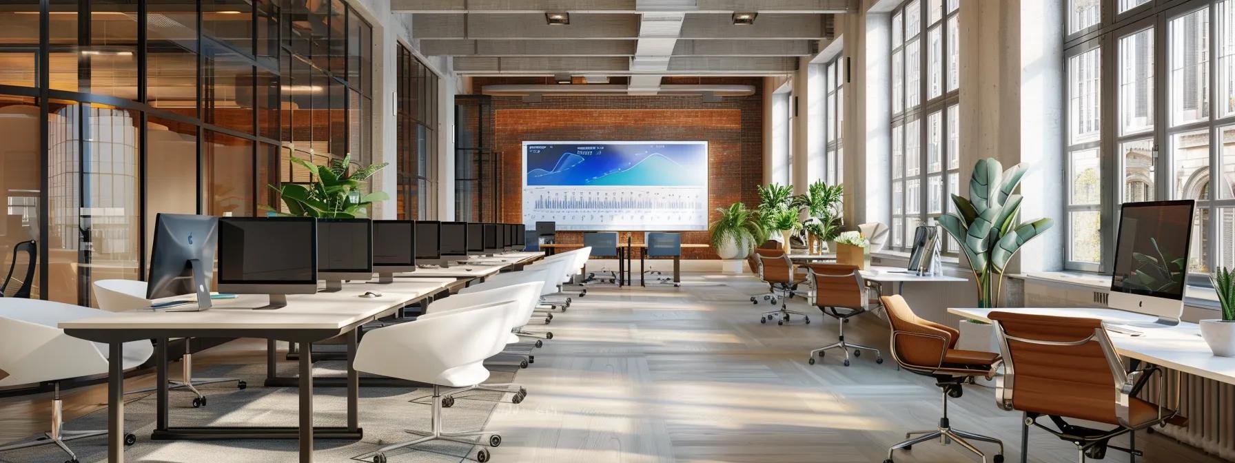a sleek, modern office workspace filled with sophisticated technology, featuring an illuminated digital dashboard displaying a vibrant sales pipeline and analytics, emphasizing a focused business environment mastering lead management with clarity and precision.