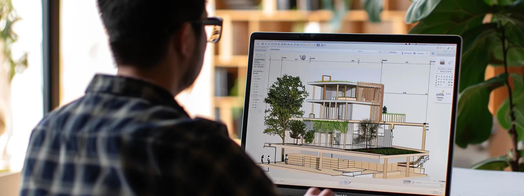 A student working on a 3D architectural model in SketchUp, with additional design software open on a laptop.