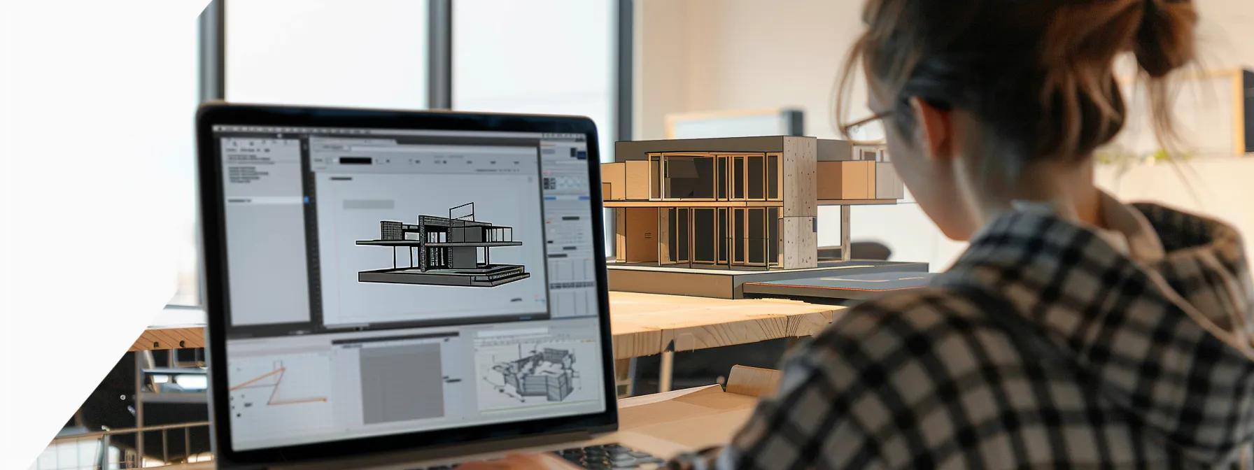 A student working on a 3D architectural model in SketchUp, with additional design software open on a laptop.
