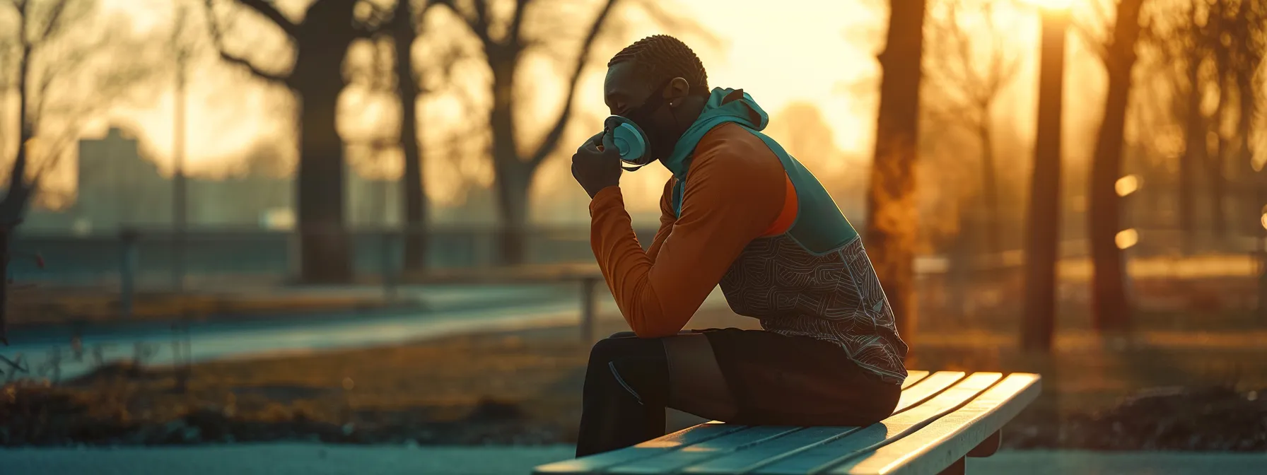 An athlete sitting on a bench, holding an oxygen mask in hand, appearing relaxed after a workout.